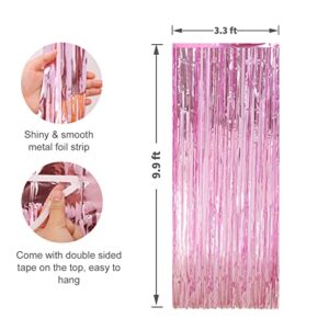 Crosize Pink Foil Fringe Backdrop Streamer Curtains for Birthday Party Decorations, Tinsel Curtain for Parties, Galentines Decor, Preppy, Photo Booth -3.3 x 9.9 ft, 3 Pack