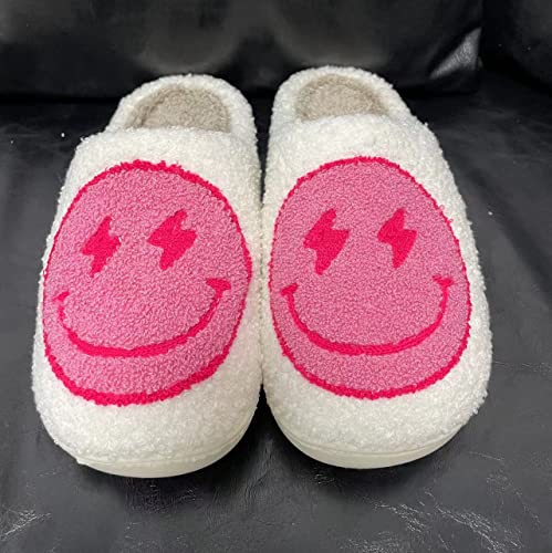 FUHUAQI Women's Men's Retro Leopard Print Happy Face Slippers Lightning Bolt Happy Face Slippers Memory Foam Soft Plush Slippers Warm Non-Slip Home Shoes Pink 41-42