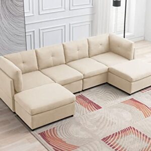 linor Modern U Shaped Convertible Sofa Couch,118'' Modular Sectional Sofa with Tufted Back Cushion, 6 Seat Oversized Sectionals Sofa Couch with Ottomans for Living Room (Linen,Beige)