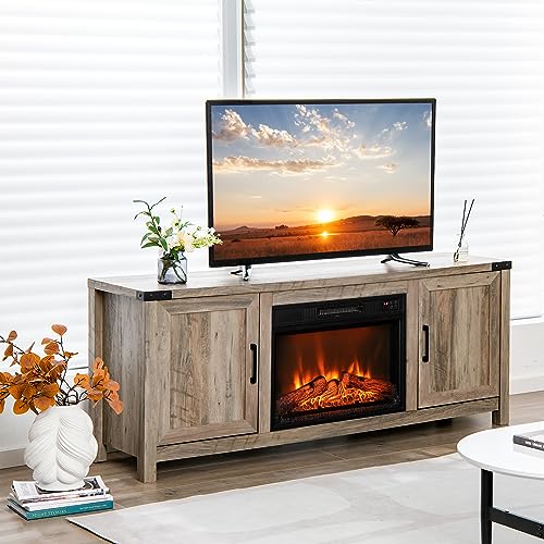 COSTWAY Electric Fireplace TV Stand for TVs up to 70 Inches, Farmhouse Media Entertainment Center Table with Storage Cabinets, Electric Fireplace TV Console with Remote Control for Living Room Bedroom