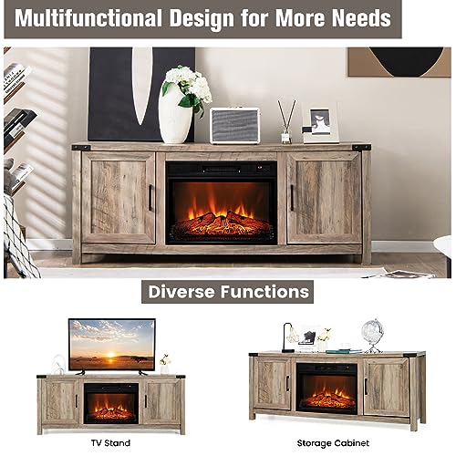 COSTWAY Electric Fireplace TV Stand for TVs up to 70 Inches, Farmhouse Media Entertainment Center Table with Storage Cabinets, Electric Fireplace TV Console with Remote Control for Living Room Bedroom