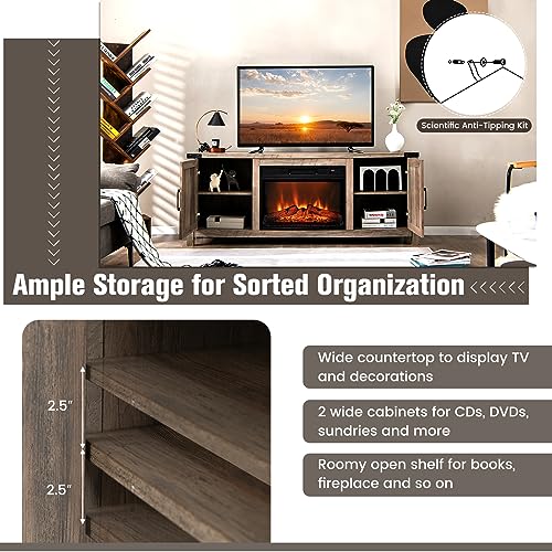 COSTWAY Electric Fireplace TV Stand for TVs up to 70 Inches, Farmhouse Media Entertainment Center Table with Storage Cabinets, Electric Fireplace TV Console with Remote Control for Living Room Bedroom