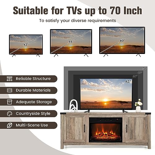 COSTWAY Electric Fireplace TV Stand for TVs up to 70 Inches, Farmhouse Media Entertainment Center Table with Storage Cabinets, Electric Fireplace TV Console with Remote Control for Living Room Bedroom