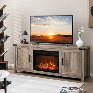 COSTWAY Electric Fireplace TV Stand for TVs up to 70 Inches, Farmhouse Media Entertainment Center Table with Storage Cabinets, Electric Fireplace TV Console with Remote Control for Living Room Bedroom