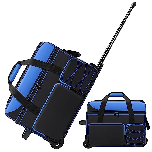 Double Roller Bowling Bag with Shoes Compartment, Large Capacity Bowling Ball Bag with Multi-Pockets for 2 Bowling Ball and Accessories, 2 Ball Bowling Bag with wheels & Retractable Handle (Blue)