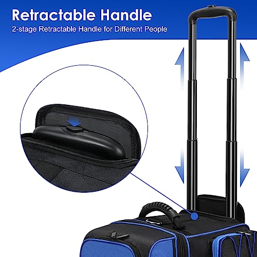 Double Roller Bowling Bag with Shoes Compartment, Large Capacity Bowling Ball Bag with Multi-Pockets for 2 Bowling Ball and Accessories, 2 Ball Bowling Bag with wheels & Retractable Handle (Blue)