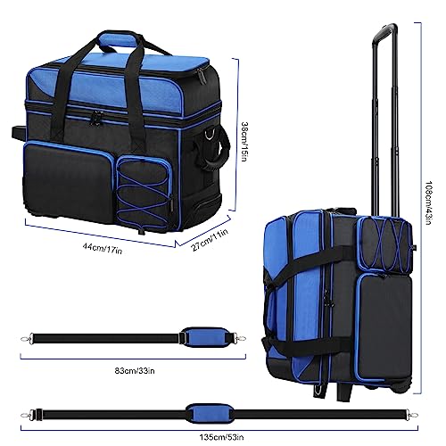 Double Roller Bowling Bag with Shoes Compartment, Large Capacity Bowling Ball Bag with Multi-Pockets for 2 Bowling Ball and Accessories, 2 Ball Bowling Bag with wheels & Retractable Handle (Blue)