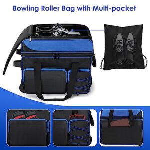 Double Roller Bowling Bag with Shoes Compartment, Large Capacity Bowling Ball Bag with Multi-Pockets for 2 Bowling Ball and Accessories, 2 Ball Bowling Bag with wheels & Retractable Handle (Blue)