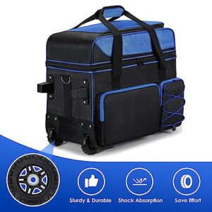 Double Roller Bowling Bag with Shoes Compartment, Large Capacity Bowling Ball Bag with Multi-Pockets for 2 Bowling Ball and Accessories, 2 Ball Bowling Bag with wheels & Retractable Handle (Blue)