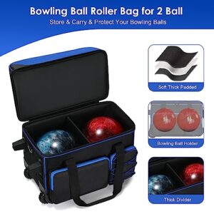 Double Roller Bowling Bag with Shoes Compartment, Large Capacity Bowling Ball Bag with Multi-Pockets for 2 Bowling Ball and Accessories, 2 Ball Bowling Bag with wheels & Retractable Handle (Blue)