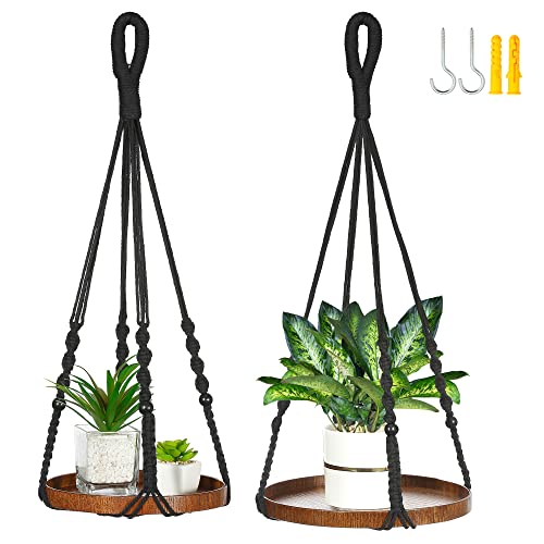 Shineloha 2 Pack Macrame Plant Hanger | Hanging Planters for Indoor Plant, Indoor Hanging Planter Shelf | Plant Hanger, Hanging Plant Holder, No Plant/Pot Included (Black) (1 Large+ 1 Medium)…