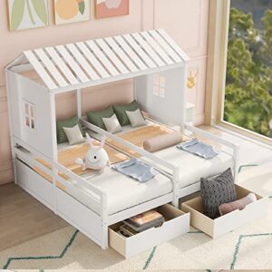 merax two twin size house platform beds with large drawers, space saving, no box spring needed, white