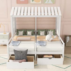 Merax Two Twin Size House Platform Beds with Large Drawers, Space Saving, No Box Spring Needed, White