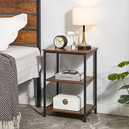 VECELO End Side Table with Storage Shelf, Industrial Night Stand, 3-Tier Small Nightstand for Living Room, Bedroom, 1 Pack, Brown