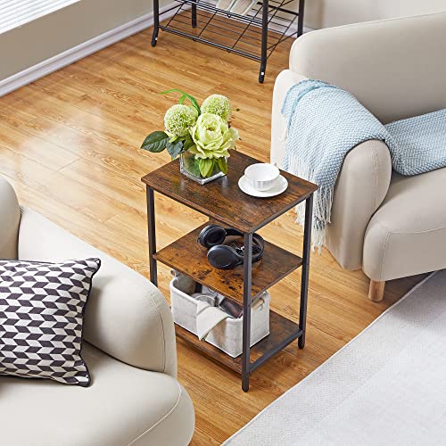 VECELO End Side Table with Storage Shelf, Industrial Night Stand, 3-Tier Small Nightstand for Living Room, Bedroom, 1 Pack, Brown