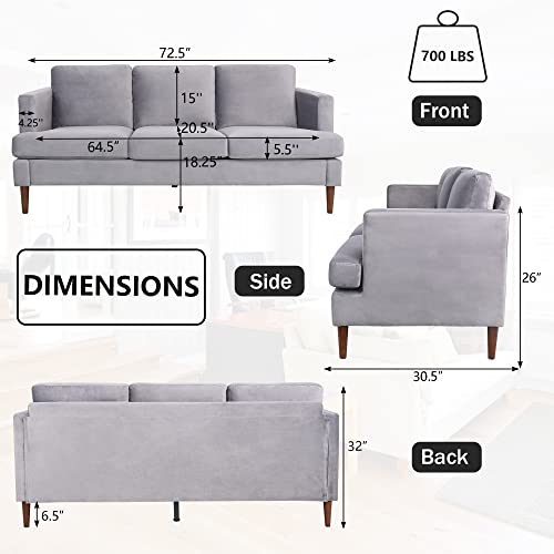 MIYZEAL Velvet Large Couch, 72-inch Tufted Upholstered Sofa with Thick Cushion, Comfy 3 Seater Sleeper Sofa with Wood Legs, Mid-Century Modern Couches for Compact Space Living Room Bedroom (Gray)