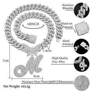 JNCTCOE Cuban Link Chain for Women Cursive Silver Initial 14MM Diamond Prong Cuban Chain Hip Hop Iced Out Chain Necklace Butterfly Initial Letter Name Necklaces for Women (K, Silver)