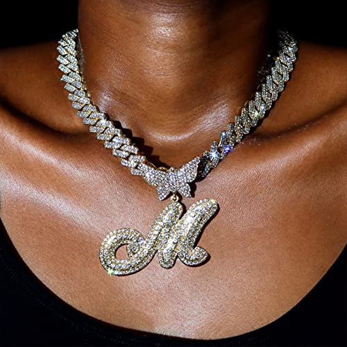 JNCTCOE Cuban Link Chain for Women Cursive Silver Initial 14MM Diamond Prong Cuban Chain Hip Hop Iced Out Chain Necklace Butterfly Initial Letter Name Necklaces for Women (K, Silver)