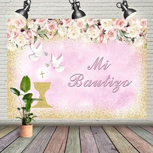 7x5ft mi bautizo backdrop for girl baptism gold bless background pink flower golden dots photography baby shower banner party decorations floral newborn baby shower photo booth props