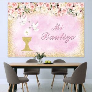 7x5ft Mi Bautizo Backdrop for Girl Baptism Gold Bless Background Pink Flower Golden Dots Photography Baby Shower Banner Party Decorations Floral Newborn Baby Shower Photo Booth Props