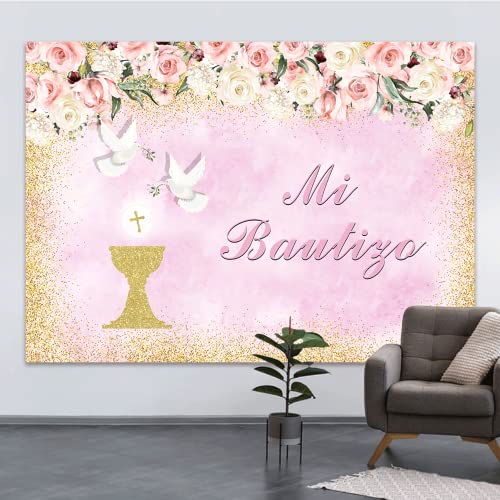 7x5ft Mi Bautizo Backdrop for Girl Baptism Gold Bless Background Pink Flower Golden Dots Photography Baby Shower Banner Party Decorations Floral Newborn Baby Shower Photo Booth Props