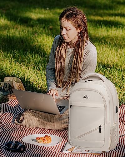 MATEIN 17 inch Laptop Backpack for Women, Big Travel Backpack Airline Approved with Luggage Strap, Heavy Duty Work Bag with USB Charging Port, Water Resistant Bag for College, Beige