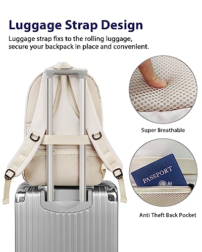 MATEIN 17 inch Laptop Backpack for Women, Big Travel Backpack Airline Approved with Luggage Strap, Heavy Duty Work Bag with USB Charging Port, Water Resistant Bag for College, Beige