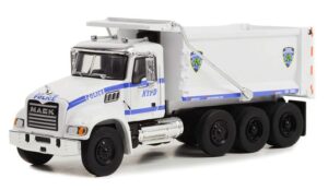greenlight 45160-b s.d. trucks series 16-2019 mack granite dump truck - new york city police dept (nypd) 1:64 scale diecast