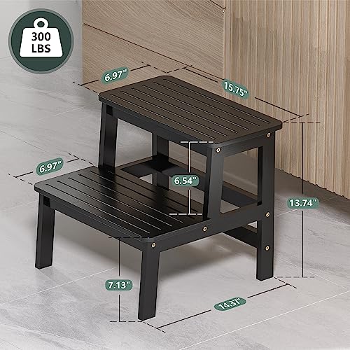 Domax Bamboo Wooden Step Stools for Kids - Toddler Step Stool for Bathroom Sink High Bed Toilet Kitchen Helper Wood Step Stool for Bedside for Adults Non-Slip Waterproof 2 Stepping Stool, Black