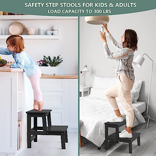 Domax Bamboo Wooden Step Stools for Kids - Toddler Step Stool for Bathroom Sink High Bed Toilet Kitchen Helper Wood Step Stool for Bedside for Adults Non-Slip Waterproof 2 Stepping Stool, Black