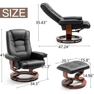 AVAWING Recliner Chair with Ottoman Adjustable Swivel Chair with Footrest 360° Swivel PU Leather Reclining Chair with Footrest for Living Room Recliner and Ottoman with Wood Base, Black