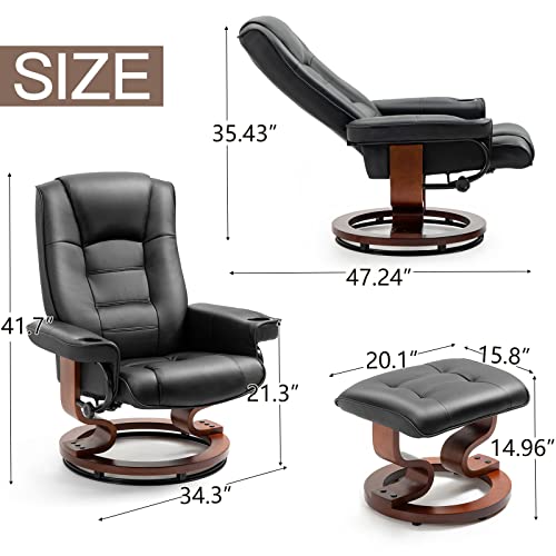 AVAWING Recliner Chair with Ottoman Adjustable Swivel Chair with Footrest 360° Swivel PU Leather Reclining Chair with Footrest for Living Room Recliner and Ottoman with Wood Base, Black