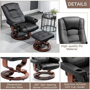 AVAWING Recliner Chair with Ottoman Adjustable Swivel Chair with Footrest 360° Swivel PU Leather Reclining Chair with Footrest for Living Room Recliner and Ottoman with Wood Base, Black