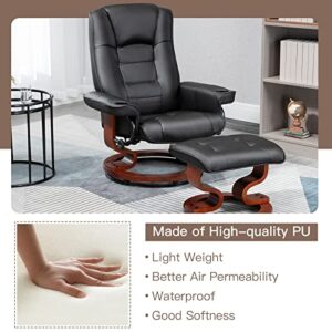 AVAWING Recliner Chair with Ottoman Adjustable Swivel Chair with Footrest 360° Swivel PU Leather Reclining Chair with Footrest for Living Room Recliner and Ottoman with Wood Base, Black