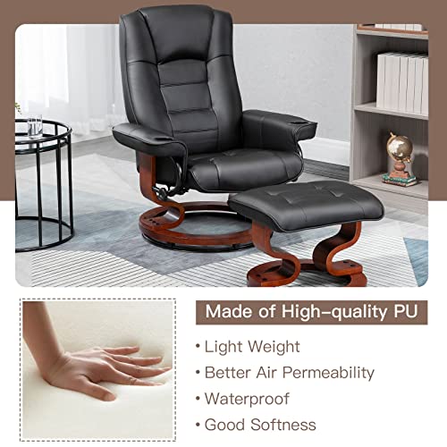 AVAWING Recliner Chair with Ottoman Adjustable Swivel Chair with Footrest 360° Swivel PU Leather Reclining Chair with Footrest for Living Room Recliner and Ottoman with Wood Base, Black