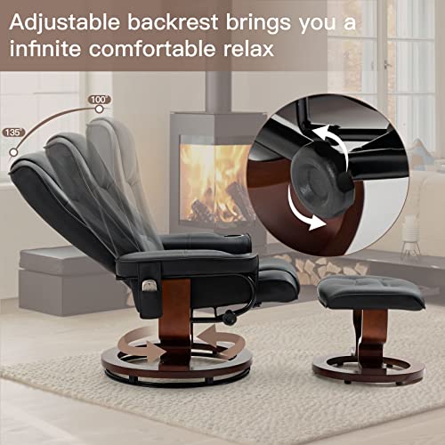 AVAWING Recliner Chair with Ottoman Adjustable Swivel Chair with Footrest 360° Swivel PU Leather Reclining Chair with Footrest for Living Room Recliner and Ottoman with Wood Base, Black