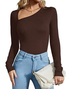 reoria women's casual classy asymmetrical neck long sleeve ribbed slimming thong leotards bodysuit tops coffee large