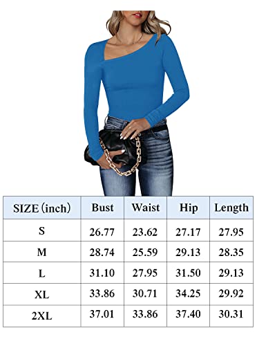 REORIA Women's Casual Classy Asymmetrical Neck Long Sleeve Ribbed Slimming Thong Leotards Bodysuit Tops Coffee Large