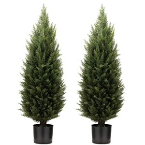 two 3 foot artificial topiary cedar trees artificial potted shrubs uv resistant bushes plants for indoor outdoor