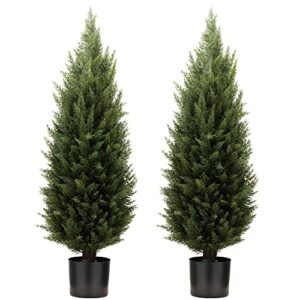 Two 3 Foot Artificial Topiary Cedar Trees Artificial Potted Shrubs UV Resistant Bushes Plants for Indoor Outdoor