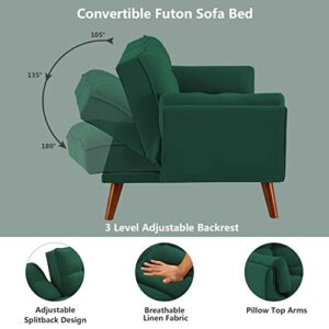 Betoko Convertible Futon Sofa Bed Sleeper Twin Size, Modern Reclining Linen Split Back Sofa Couch with Pillow Top Arm for Compact Living Room,Apartment (Green),(PTARMFUTON)