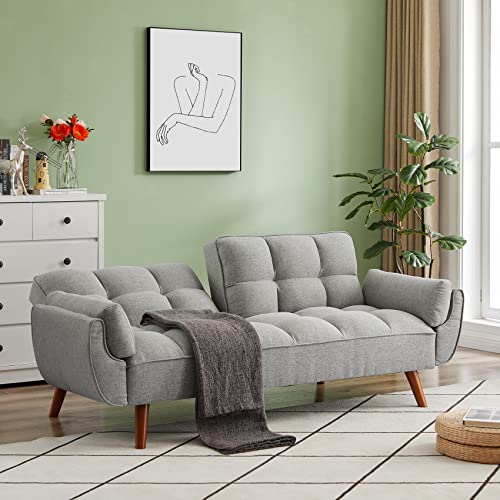 Betoko Convertible Futon Sofa Bed Sleeper Twin Size, Modern Reclining Linen Split Back Sofa Couch with Pillow Top Arm for Compact Living Room,Apartment (Grey)