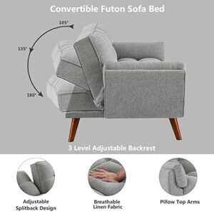 Betoko Convertible Futon Sofa Bed Sleeper Twin Size, Modern Reclining Linen Split Back Sofa Couch with Pillow Top Arm for Compact Living Room,Apartment (Grey)