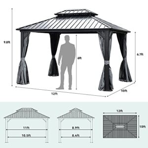 YITAHOME 10x12ft Hardtop Gazebo with Nettings and Curtains, Heavy Duty Double Roof Galvanized Steel Outdoor Combined of Vertical Stripes Roof for Patio, Backyard, Deck, Lawns, Gray