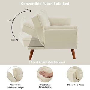 Betoko Convertible Futon Sofa Bed Sleeper Twin Size, Modern Reclining Linen Split Back Sofa Couch with Pillow Top Arm for Compact Living Room,Apartment (Beige)