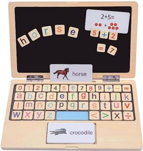 gerocrew 11.8" my first laptop: wooden learning toy with magnetic letters, flashcards & chalkboard - montessori toddler toys - educational toy for kids ages 3