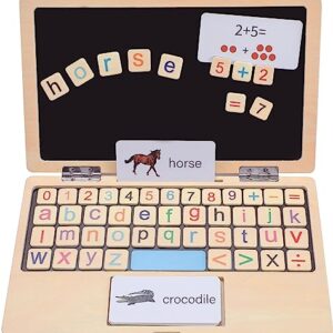 GeroCrew 11.8" My First Laptop: Wooden Learning Toy with Magnetic Letters, Flashcards & Chalkboard - Montessori Toddler Toys - Educational Toy for Kids Ages 3