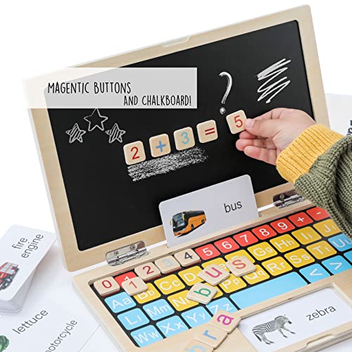 GeroCrew 11.8" My First Laptop: Wooden Learning Toy with Magnetic Letters, Flashcards & Chalkboard - Montessori Toddler Toys - Educational Toy for Kids Ages 3