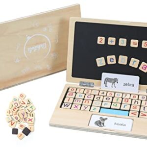 GeroCrew 11.8" My First Laptop: Wooden Learning Toy with Magnetic Letters, Flashcards & Chalkboard - Montessori Toddler Toys - Educational Toy for Kids Ages 3