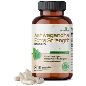 futurebiotics ashwagandha capsules extra strength 3000mg - stress relief formula, natural mood support, stress, focus, and energy support supplement, 200 capsules